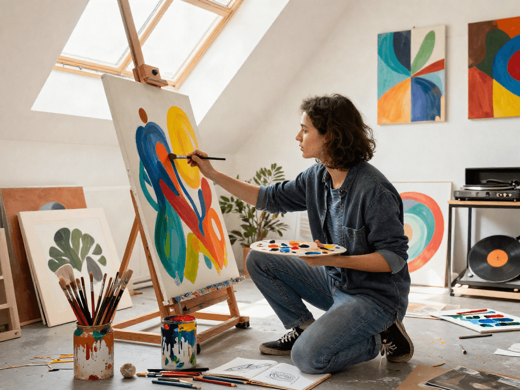 Artist creating vibrant abstract painting in a contemporary studio, embodying the ai nsfw creative process.
