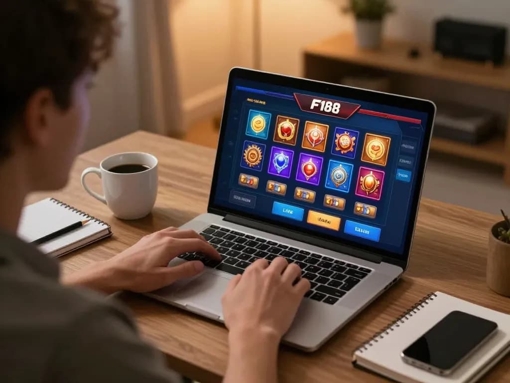 Engaging online gambling session at link f168 showcasing colorful F168 casino game interface on laptop.