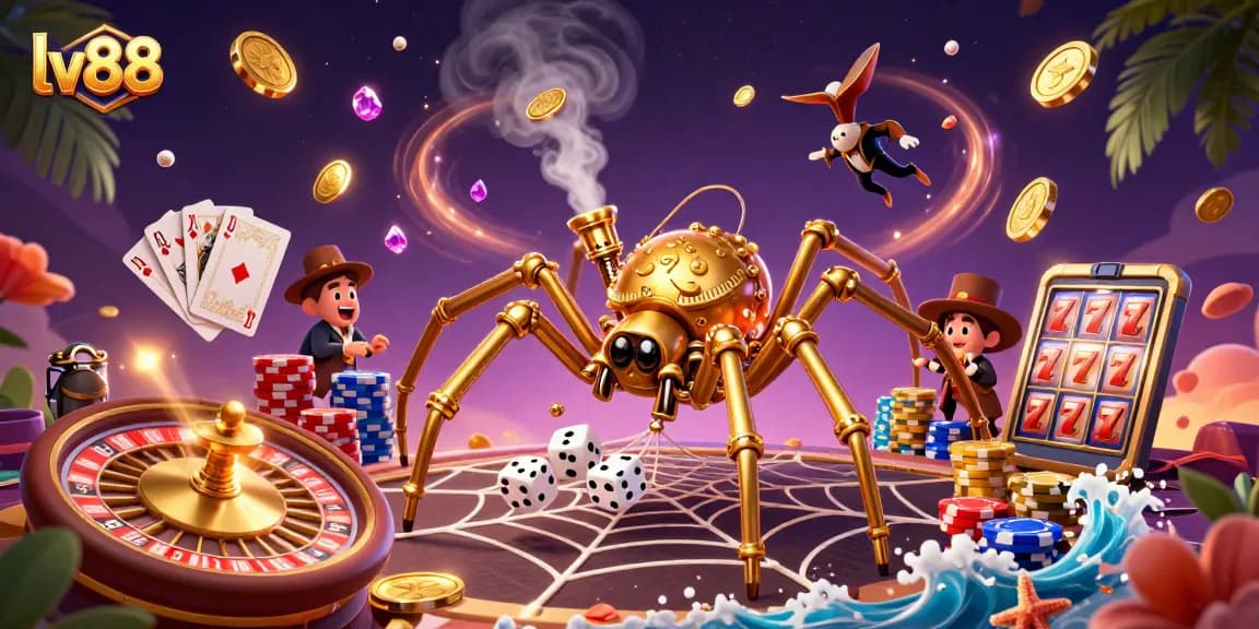 Experience the thrilling energy of lv88 as the golden spider captures dice and spins luxury with poker chips.