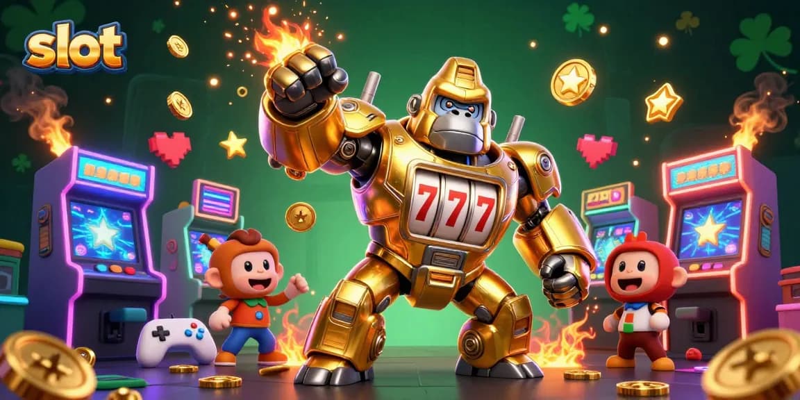 Experience thrilling slot gameplay with a gorilla mech surrounded by arcade machines and colorful elements.