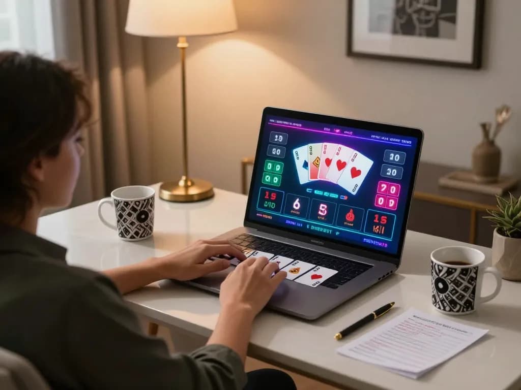 Player enjoys a thrilling game of blackjack on 8kbet online casino platform from a stylish home office.