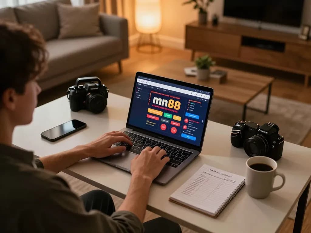 Gambling enthusiast enjoying mn88 online casino on laptop at home, illustrating strategic gameplay.