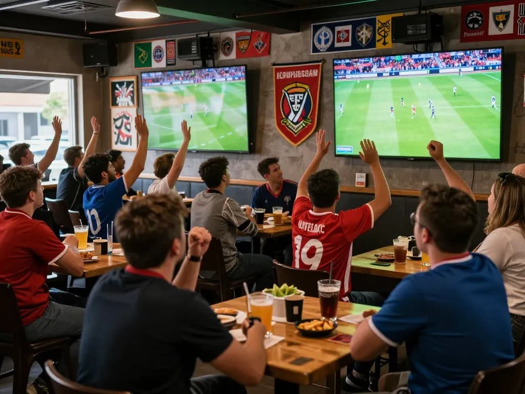Excited fans enjoying trực tiếp bóng đá in a sports bar atmosphere with vibrant displays.