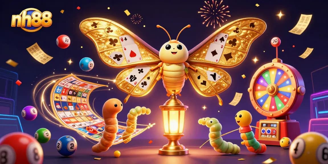 Play casino games with nh88 amidst a vibrant 3D gambling fest featuring moths and lottery elements.