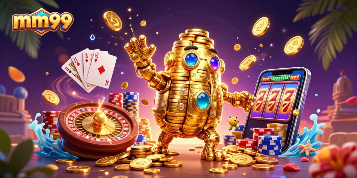 Engage with mm99 as a masterpiece of casino excitement featuring a dynamic golden golem and vibrant game elements.