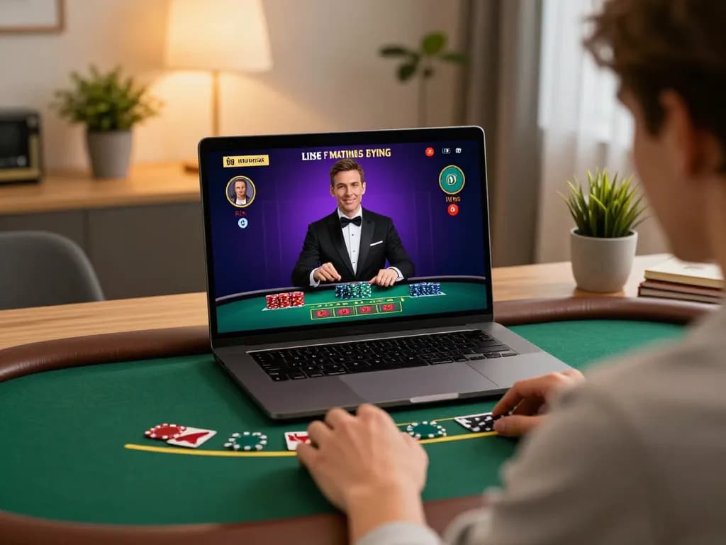 cm88 player engaged in live dealer blackjack game on laptop at home, showcasing strategic betting.
