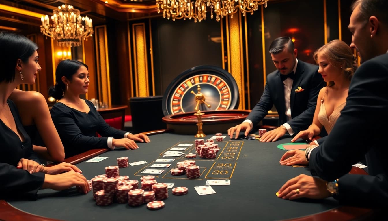 Engaging high-stakes poker game scene featuring rikvip.gb.net elements with vibrant chips and cards.