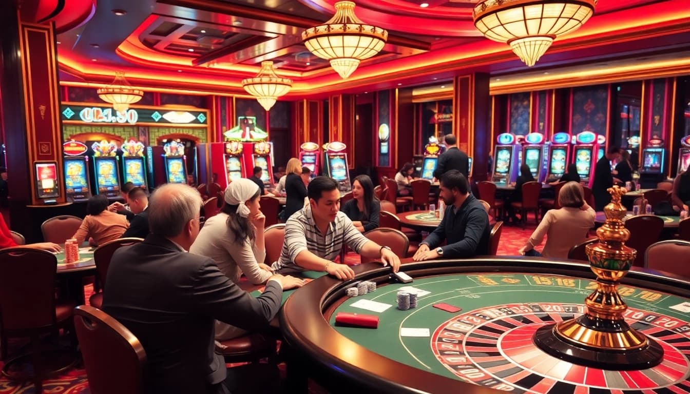 A thrilling poker table scene at a Nhà cái uy tín casino, showcasing players in action with vibrant atmosphere.