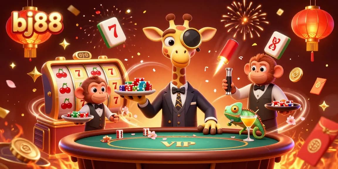 Spin the reels at bj88 with vibrant casino scene featuring giraffe and friends.