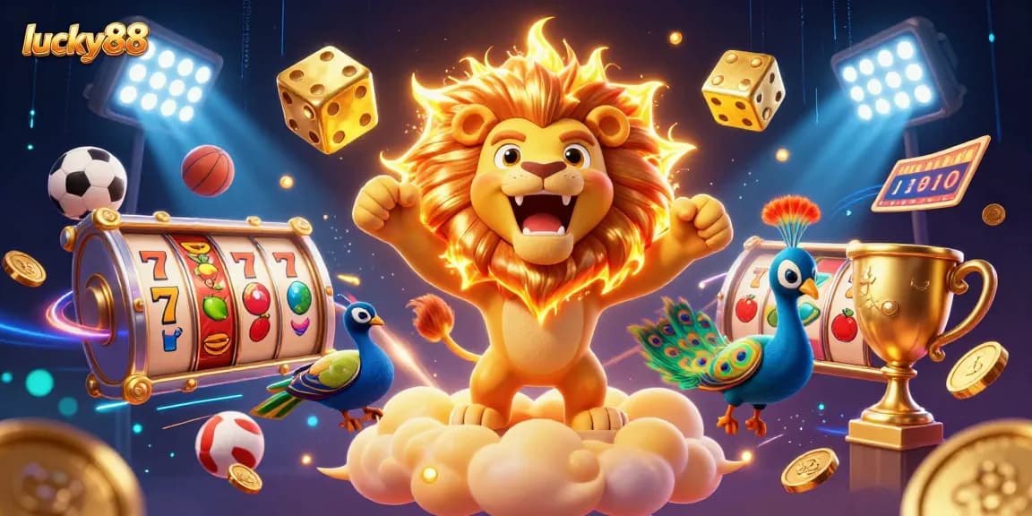 Lucky88 slot game illustration featuring a roaring sun lion, dynamic casino elements, and vivid 3D detail.