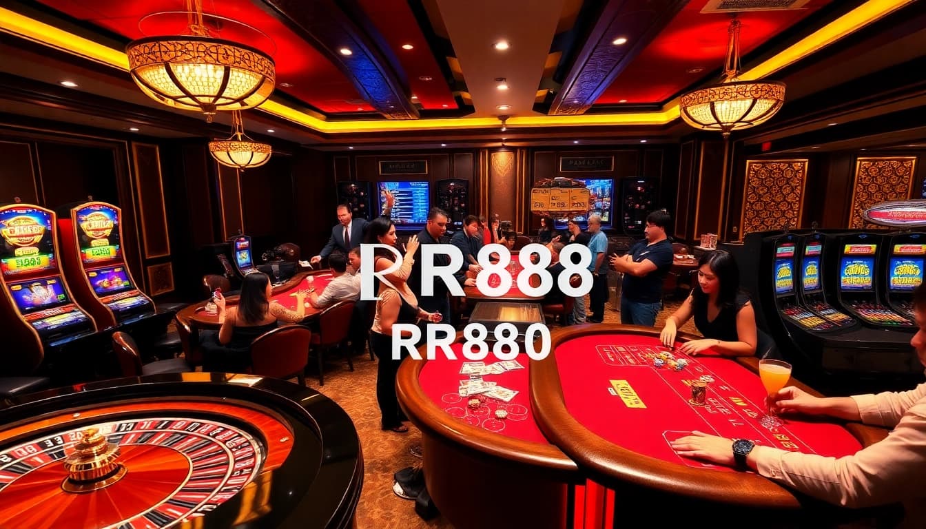 Experience the thrill of RR888 with vibrant casino games and joyful players celebrating wins.