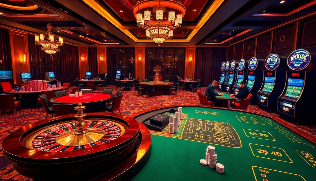 Exciting gameplay at rr 88's luxurious casino featuring vibrant tables, roulette wheel, and slot machines.