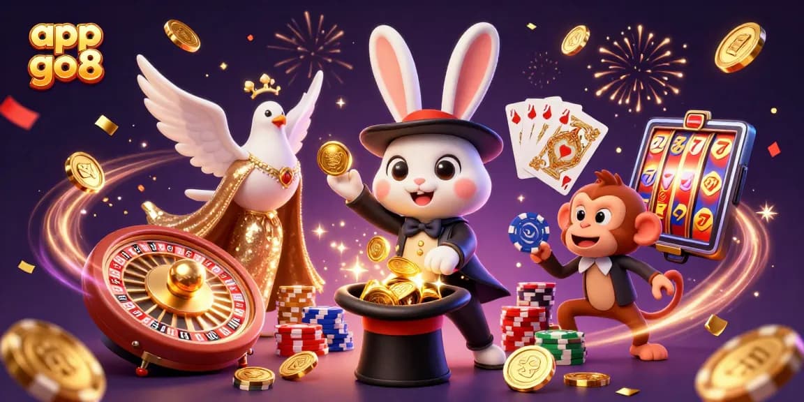 Experience the thrill of app go8 with a vibrant illustration of a magician rabbit and casino elements.