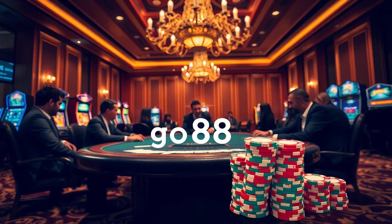 Intense poker game with vibrant "go 88" themed chips and cards in a luxurious casino setting.