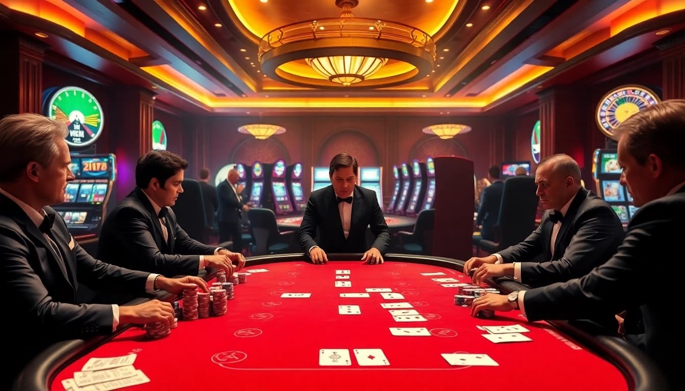 KJC's dynamic casino scene capturing a high-stakes poker game with vibrant lights and betting activity.