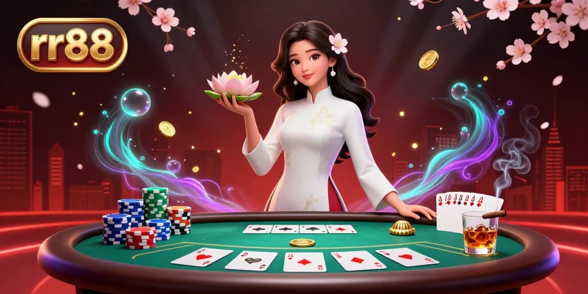 Experience the thrill of rr88 with a glamorous poker scene featuring an elegant Asian woman amidst vibrant casino elements.