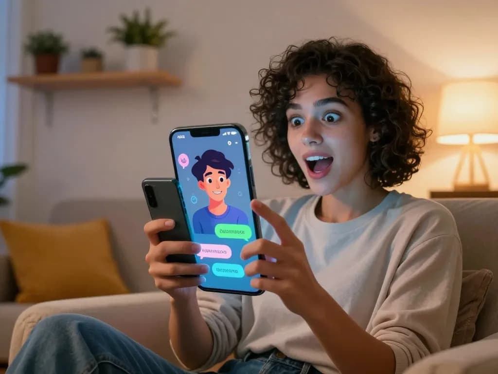 Engaging scene of a user enjoying an NSFW character AI chat with a hologram, showcasing immersive digital interaction in a cozy home.