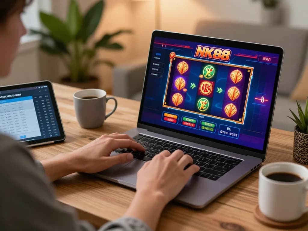 Engaging online NK88 gaming experience showcasing vibrant slot interface on laptop in a cozy home office