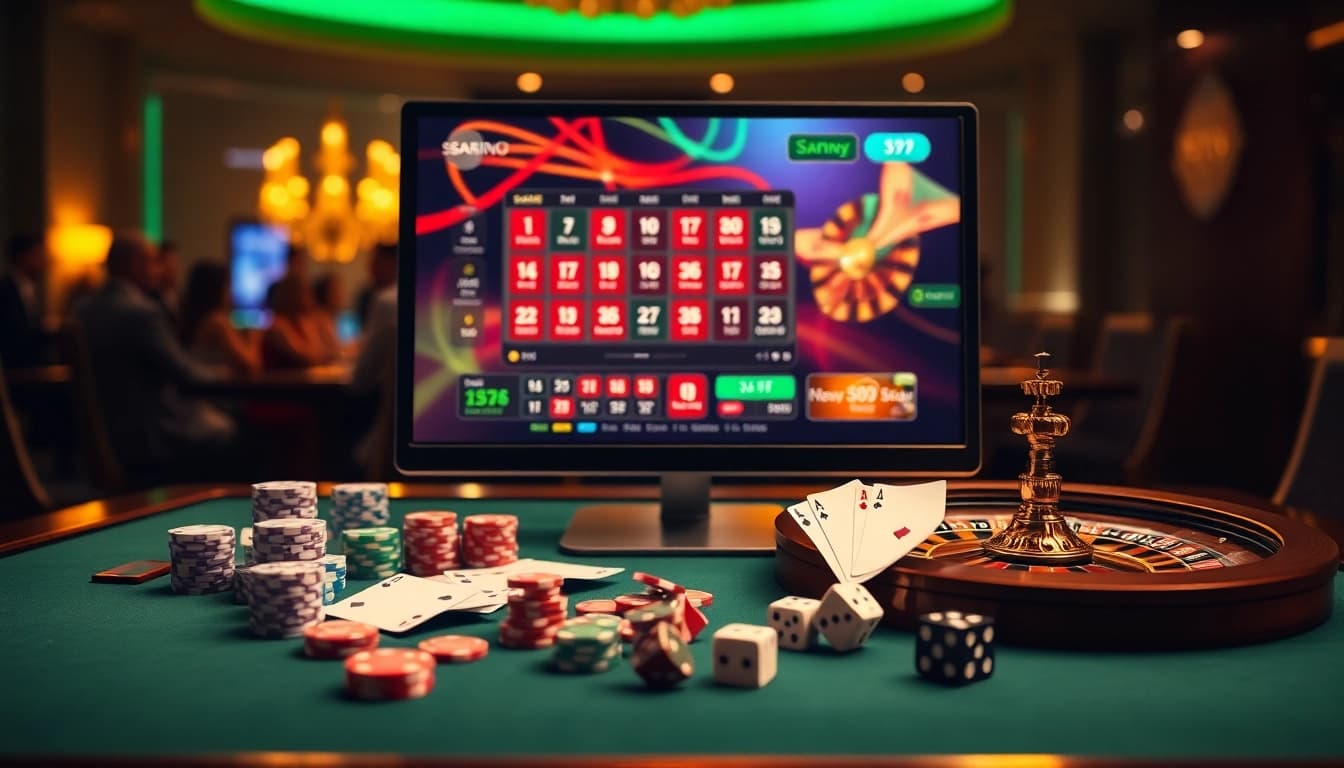 Sao789 online gambling interface showcasing lively casino elements like poker chips and cards.