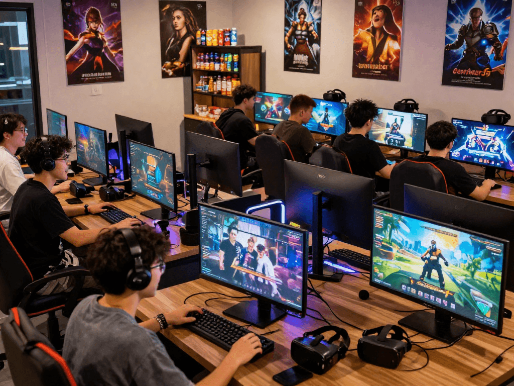 Real porn game players enjoying a vibrant gaming lounge with diverse interactive setups.