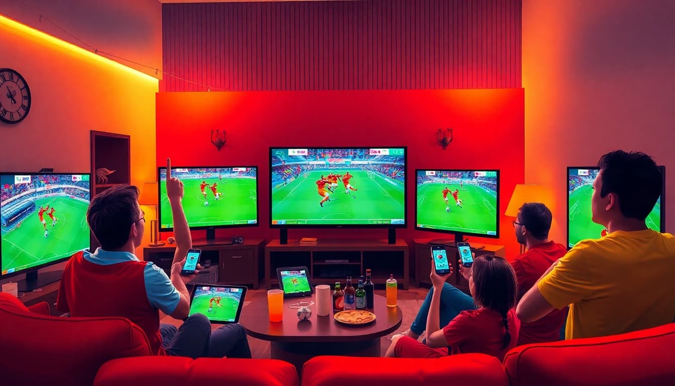 Experience live football streaming on vaoluoitv.it.com with fans celebrating a match in a lively setting.