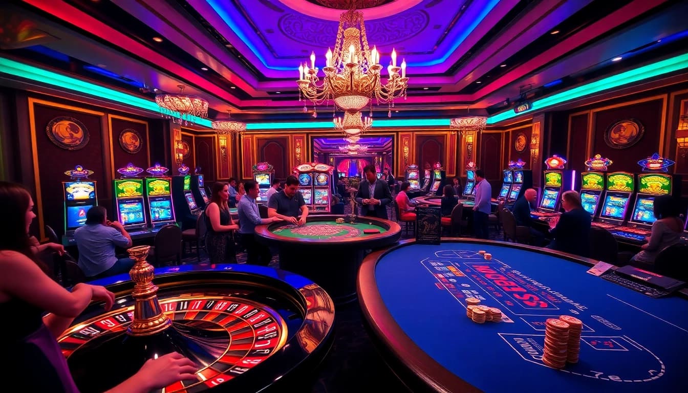 79king hiện đẳng mở captures a thrilling casino atmosphere with vibrant tables and enthusiastic players.
