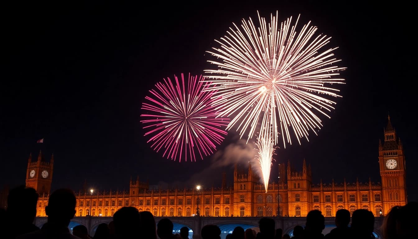 A captivating fireworks show in the UK illuminating a historic backdrop.