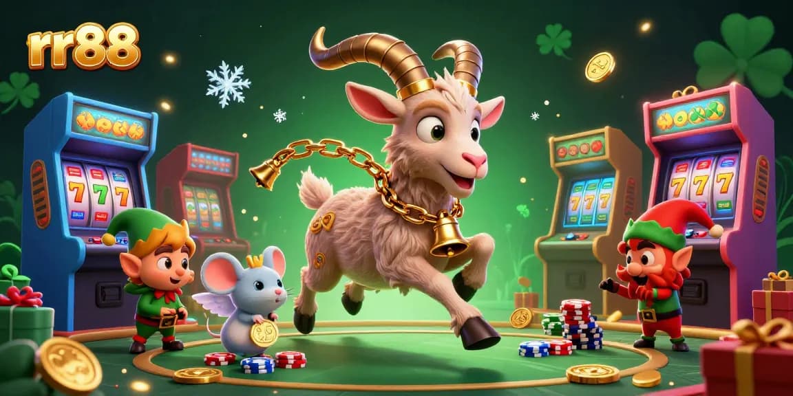 Engage with rr88's lively casino scene featuring a Krampus goat and playful elves amidst gaming excitement.