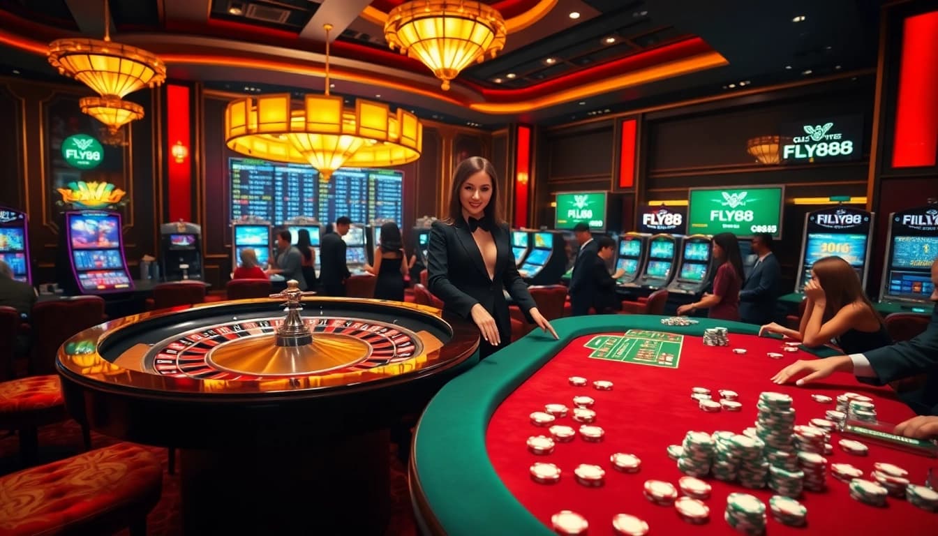 Experience FLY88 trang chủ with thrilling gambling actions at an elegant casino table.
