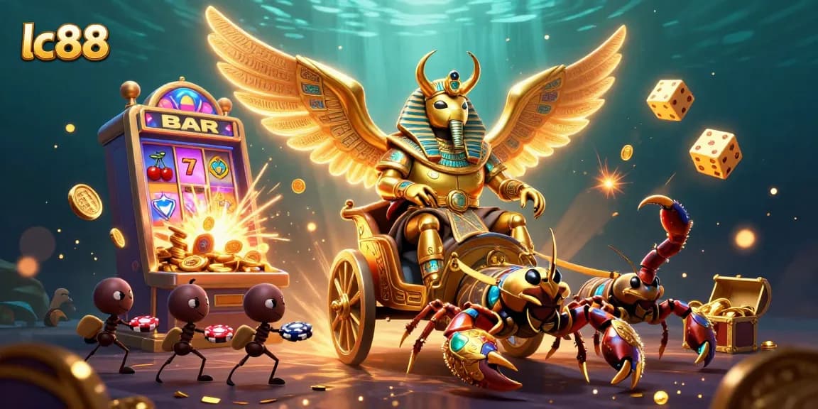 Engage with lc88, a vibrant casino scene showcasing action-packed slot machines and golden beetle chariot.