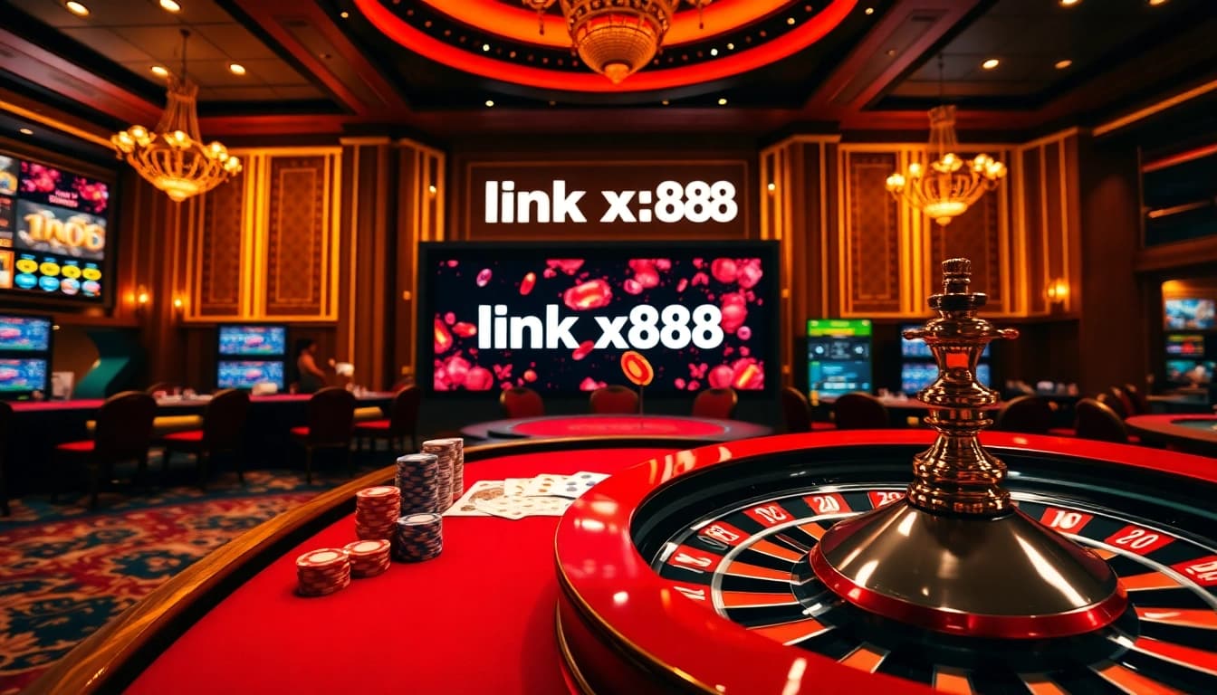 Experience excitement at link xx88 with vibrant poker chips and a roulette wheel in a luxurious casino.