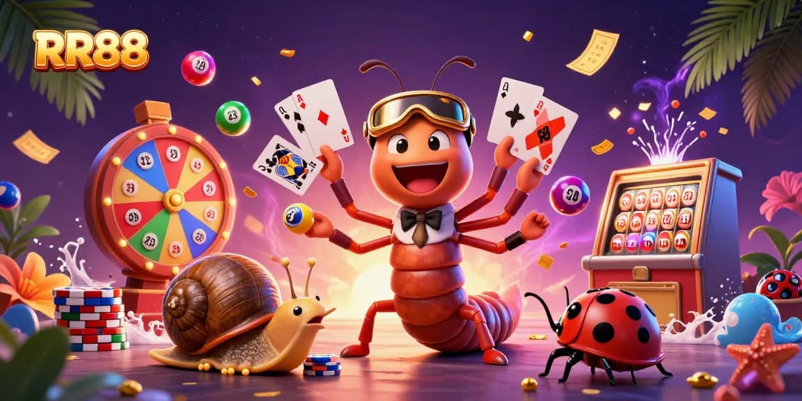 Engage with RR88's vibrant gaming scene featuring a millipede dealer and colorful elements.