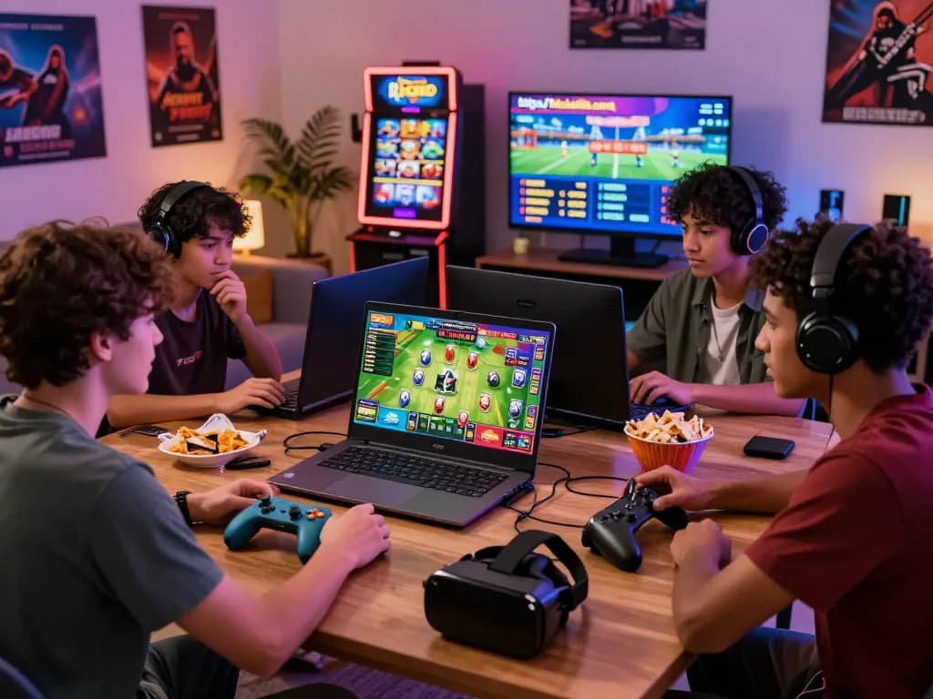 Diverse group playing games on https://hitclub68s.com/ in a cozy living room setting, showcasing the vibrant online gaming atmosphere.