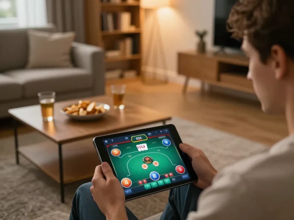 Engaged player enjoying dv88 online poker game, showcasing tablet interface in a cozy home setting