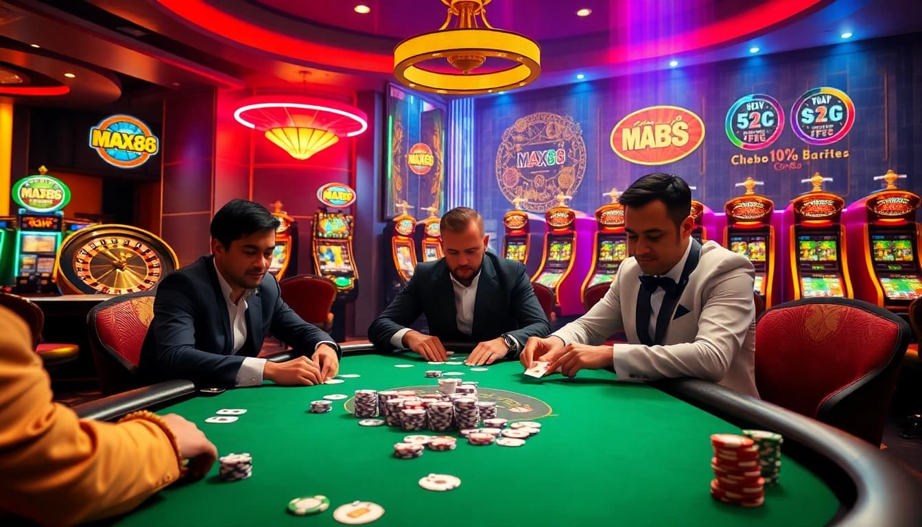 max88 poker players engage in an exciting high-stakes game at a luxury casino table