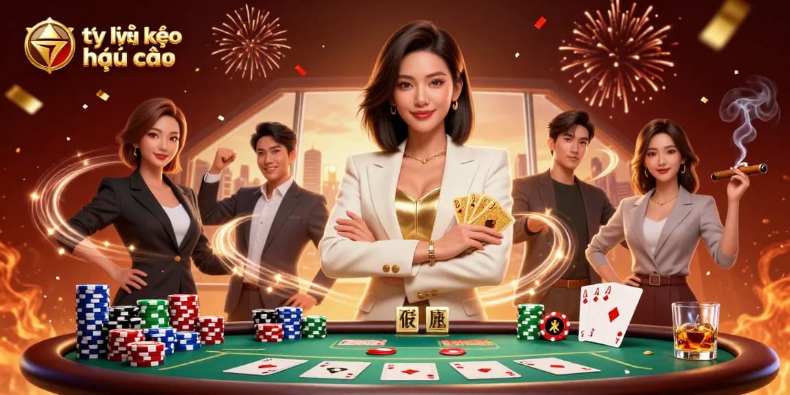 Bet on tỷ lệ kèo nhà cái with a powerful woman poker player in a vibrant casino setting.