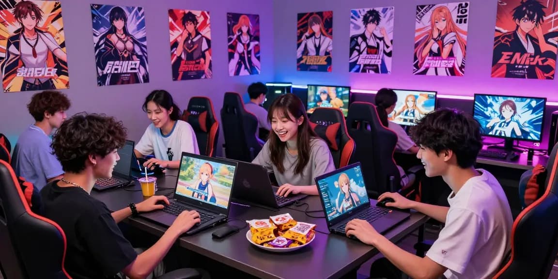 Group enjoying engaging hentai games in a vibrant gaming lounge