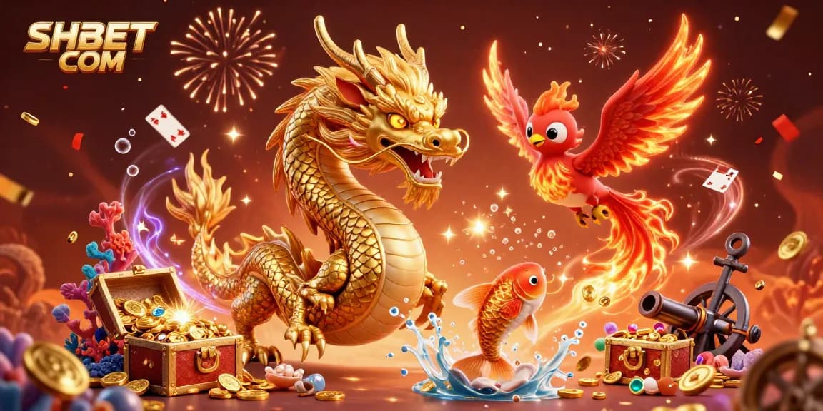 Experience the thrilling world of SHBET COM with a dynamic scene featuring a golden dragon and koi fish amidst a treasure explosion.