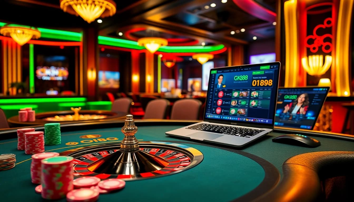 Experience thrilling gameplay at GK88 with vibrant poker chips and an elegant roulette wheel.