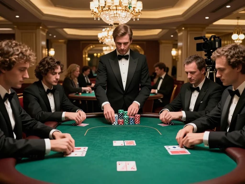 Players engaged in a thrilling poker game at 678vip's upscale casino, showcasing a high-stakes atmosphere.