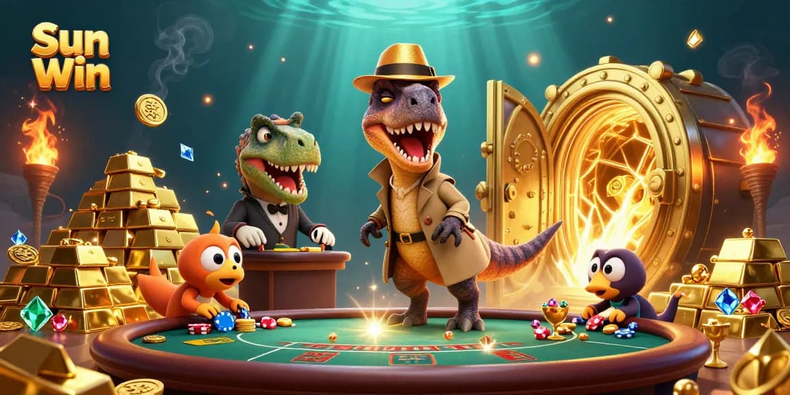 Engage in thrilling bets at Sun Win with a velociraptor card counter and gold treasures.