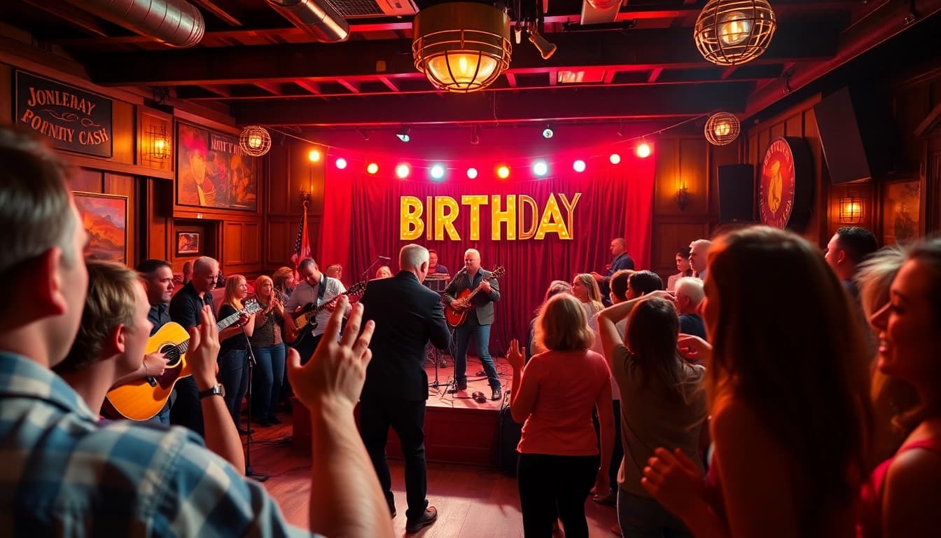 Johnny Cash's birthday celebration at johnnycashbirthday.com, featuring a vibrant live music performance and an enthusiastic crowd.