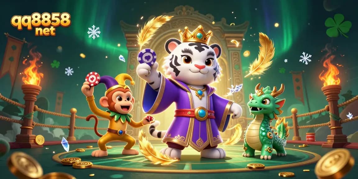 Experience the thrill of gambling at qq8858 net with a vibrant casino scene featuring a regal white tiger and playful monkey.