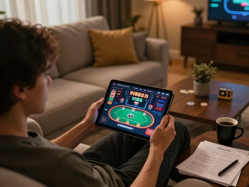 N188 gaming experience on tablet with lively poker action during a cozy home setup