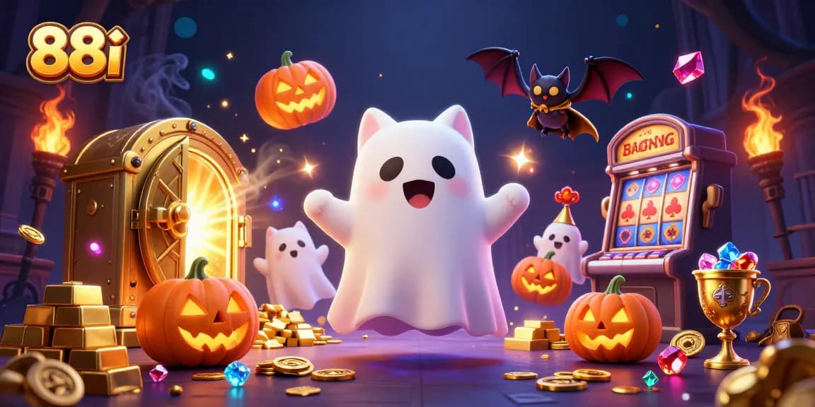 Experience thrilling 88i gaming with a ghost cat and bat in a vibrant casino scene.