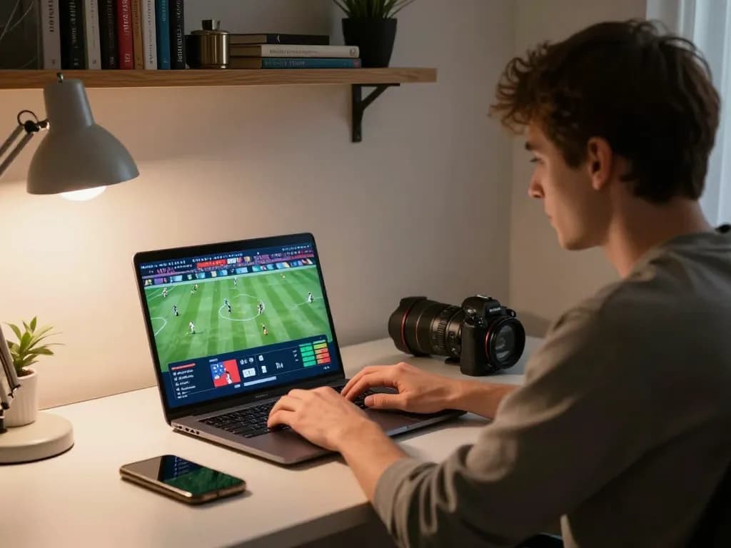 Player enjoying sports betting on laptop, uu88 gaming setup in a cozy home office