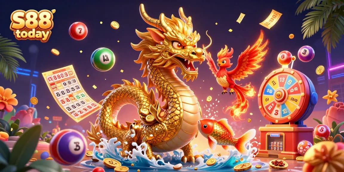 Experience the thrill of casinos with S88 today, featuring a golden dragon and vibrant game elements.
