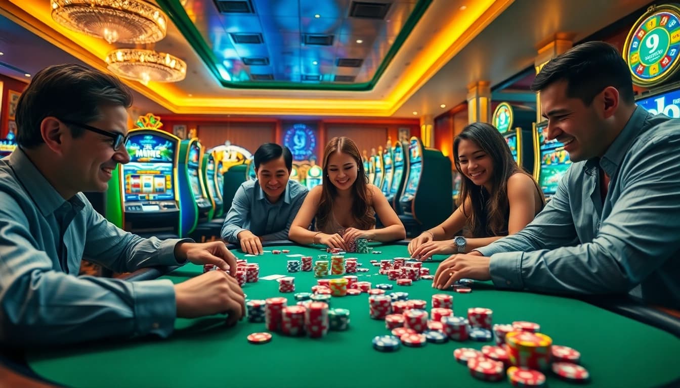 Experience the excitement of 9WIN with gamblers at a vibrant casino table full of chips and cards.