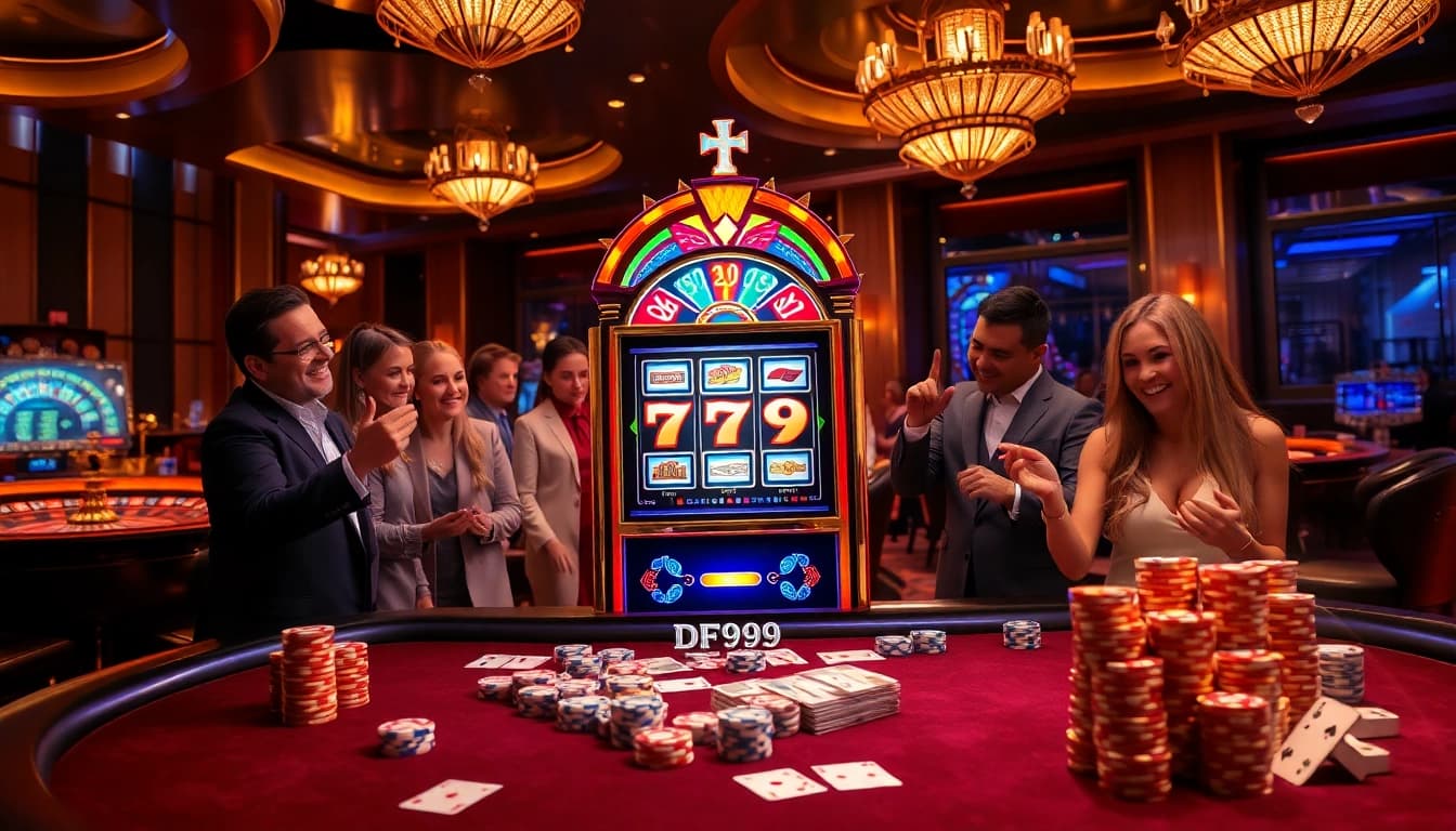 Enjoying the excitement of DF999 Slot in a luxurious casino environment with eager players and vibrant lights.