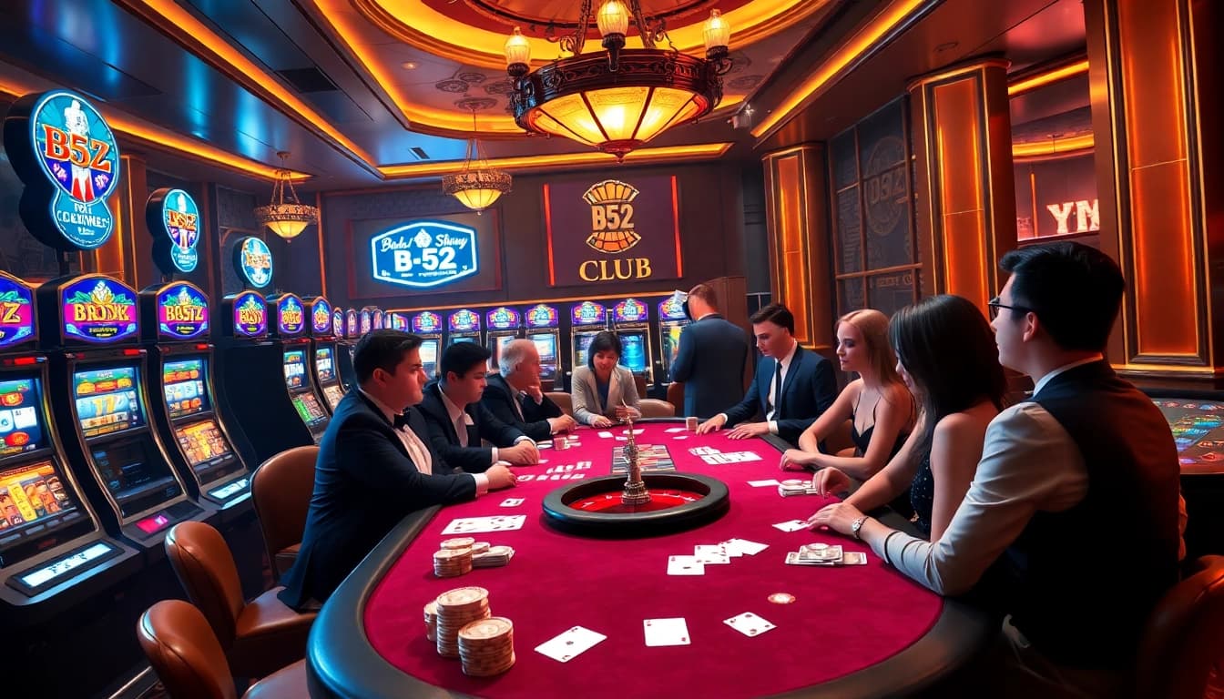 Experience the thrill of the b52 club with players enjoying high-stakes poker games in a luxurious casino setting.
